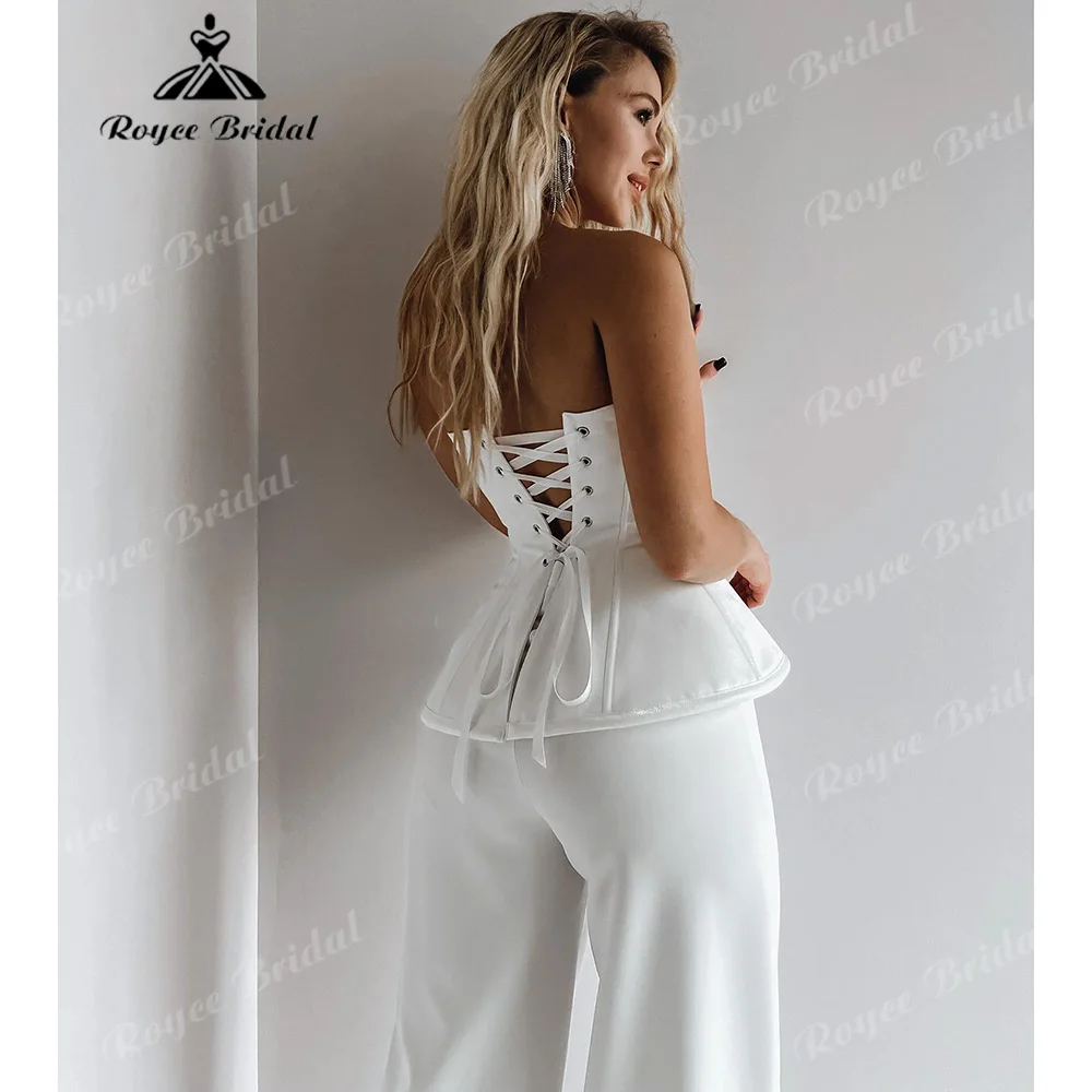 Strapless Sweetheart Satin Wedding Jumpsuit Two Piece Bridal Pantsuit Lace Up Back Peplum Bridal Trousers For Elopement Customiz
