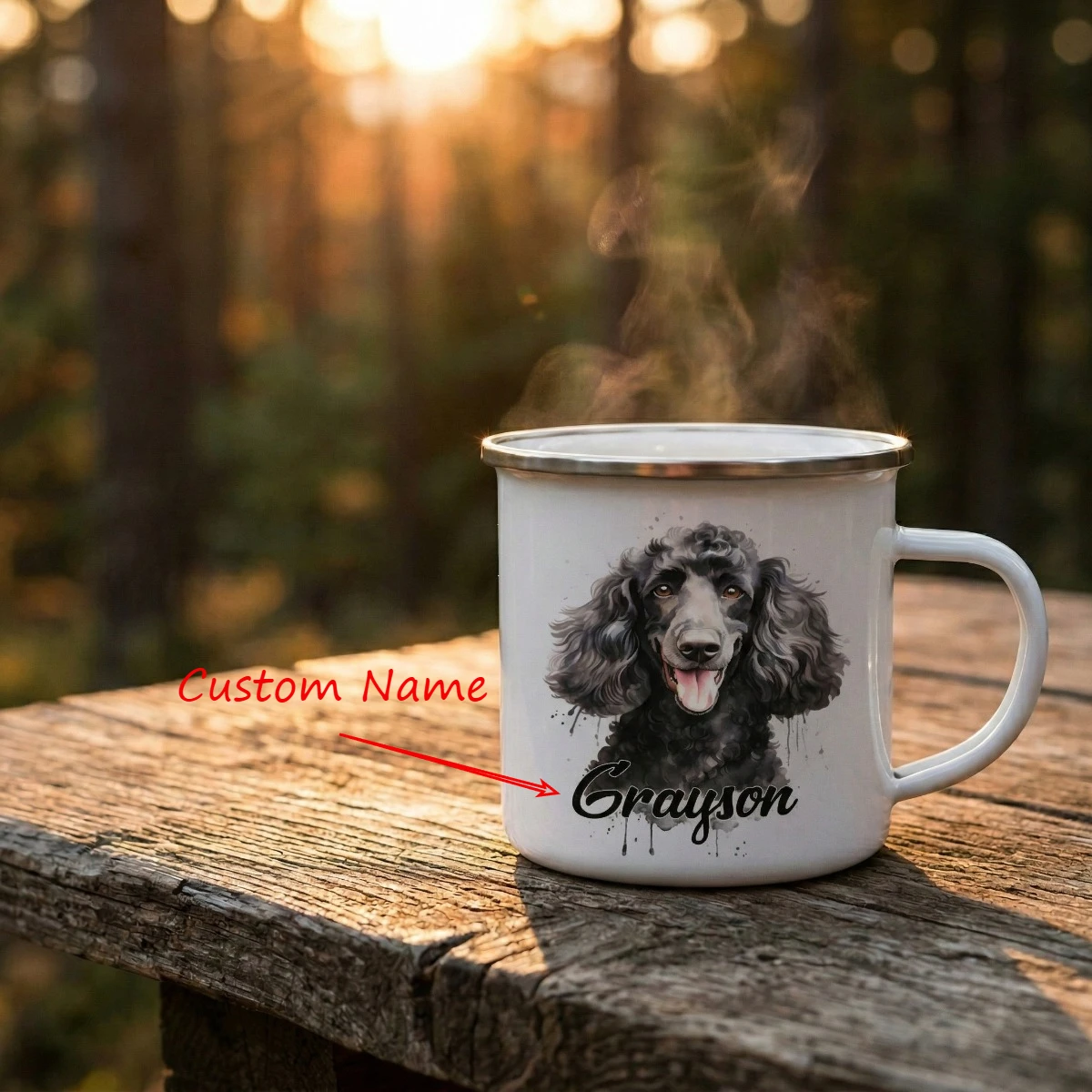 Poodle Dog Enamel Mug Custom Pet Name Watercolor Portrait Camping Cup, Dog Lover Birthday Memorial Gift for Pet Owners Family.