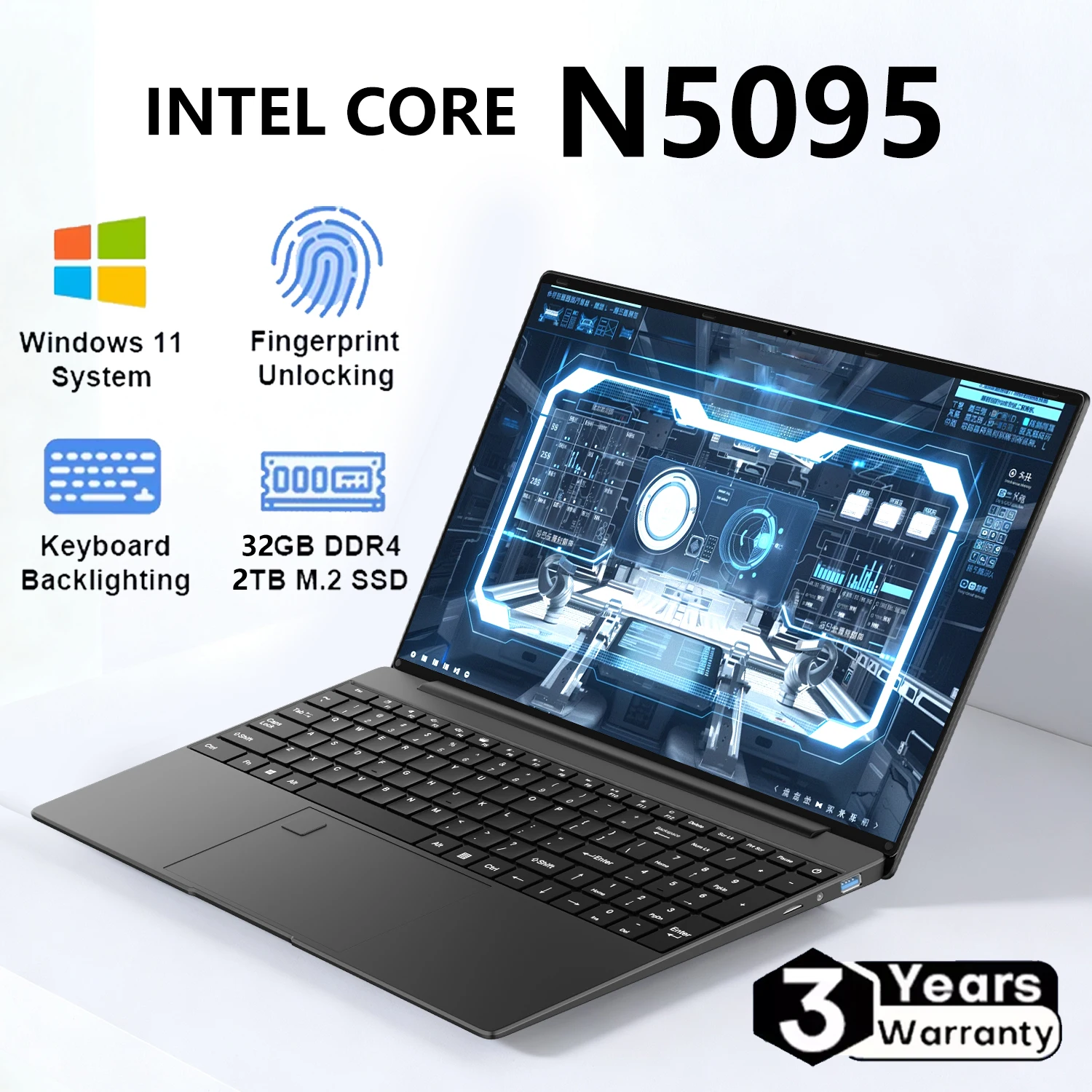Computer portatile da 15,6 pollici Intel Celeron N5095 Notebook PC Gamer 32 GB di RAM 1 TB SSD Ufficio Studio PC Windows 11 Pro 1920 * 1080 P Laptop