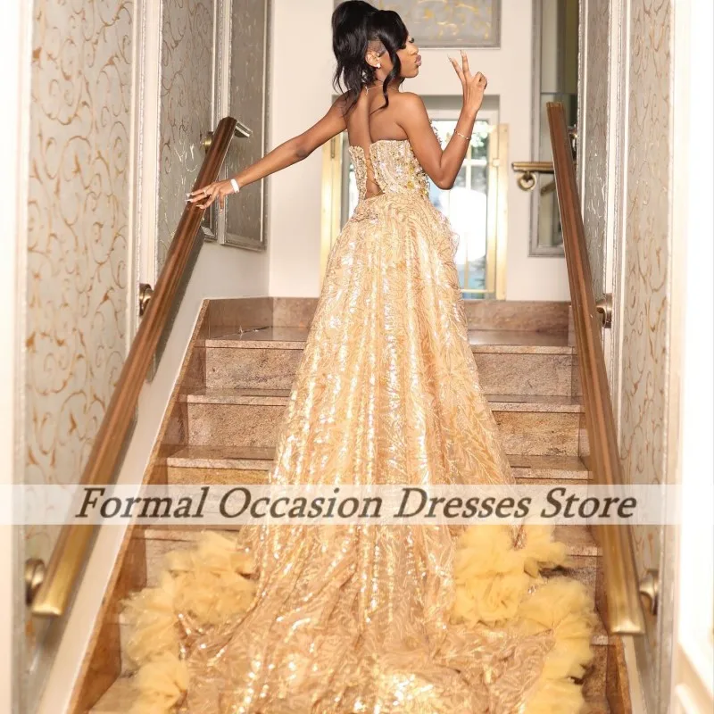 Luxurious Black Girls Prom Dresses With Detachable Train Sequin Crystal Party Gowns Satin Evening Dress Sweetheart Customized image 5