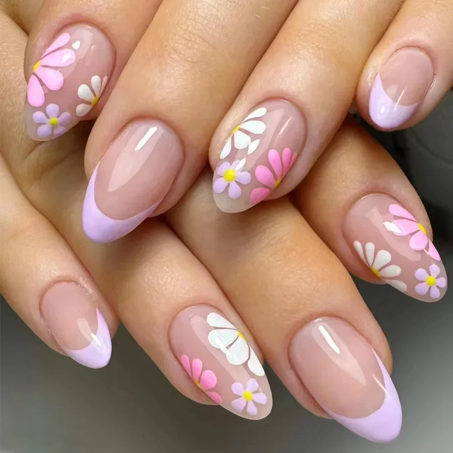 Faux ongles courts à pression en amande, 24 pièces, pointe française florale rose, brillants et élégants, couverture complète, pour femmes et filles, printemps, usage quotidien