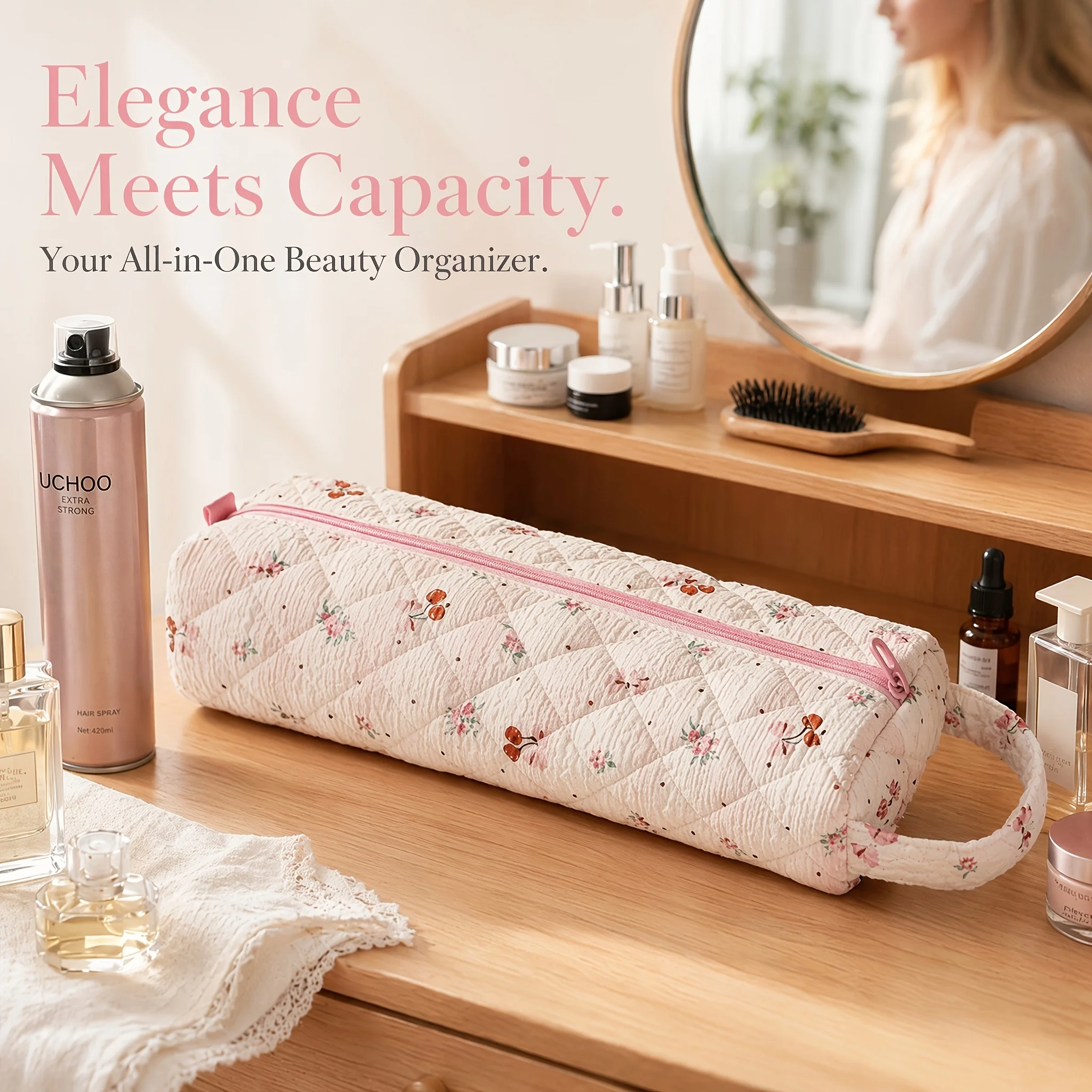 1pcsBow print storage bag, Quilted curler straightener organizer bag, Large capacity storage bag