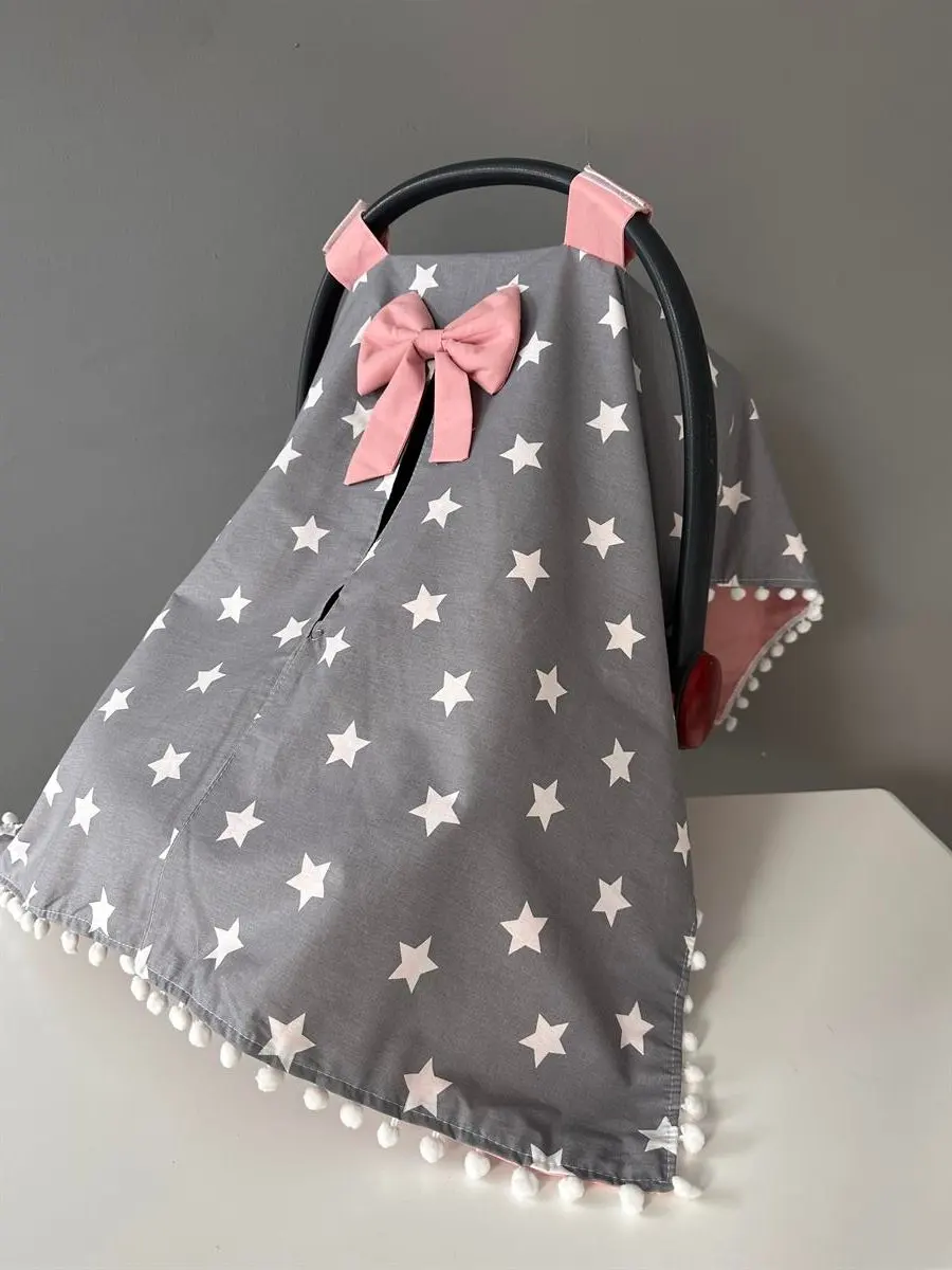 

Handmade Gray Star Patterned Cotton Organic Fabric Pompom Stroller Cover