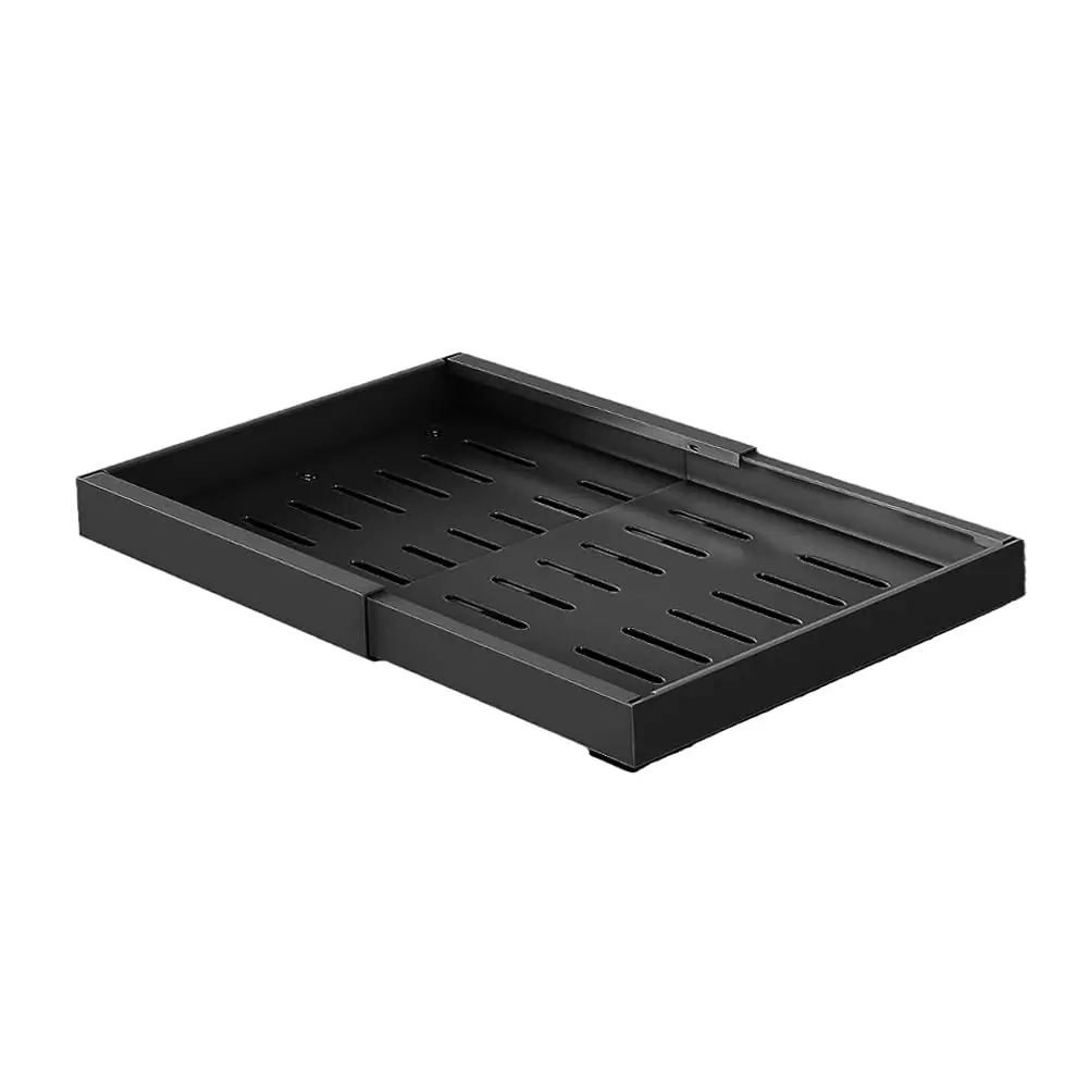 Verstelbare uittrekbare keukenkastlade, robuuste metalen uitschuifbare organizer met geventileerde bodem en hoge leuning, ruimtebesparend opbergrek voor keuken, voorraadkast, badkamer, onder de