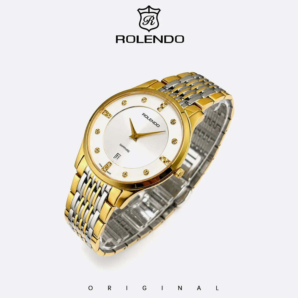 ROLENDO Fashion Men's Quartz Watch GM15 316L Stainless Steel Two Tone Bracelet Luminous Hands Date White Dial Business Watch