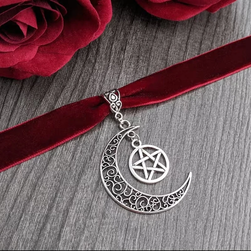 Gothic Velvet Choker In Black with Silvery Moon and Pentagram - Pagan Jewelry Witch Wicca Collar Dark Academia Dark Fashion