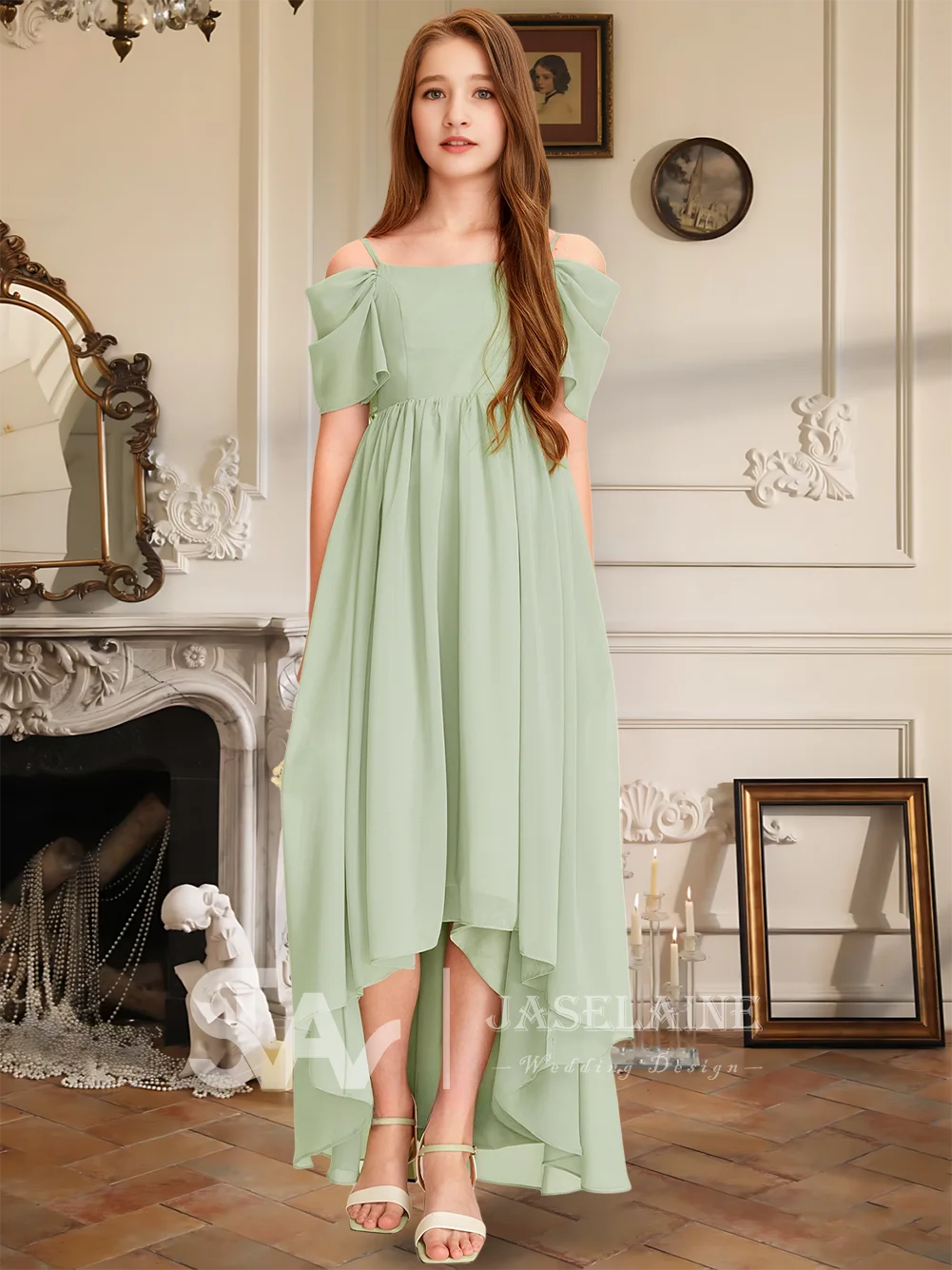 Асимметричное шифоновое платье трапециевидной формы с открытыми плечами для юных подружек невесты, праздничное платье с цветочным узором для девочек, детское свадебное торжественное платье для подростков с коротким рукавом