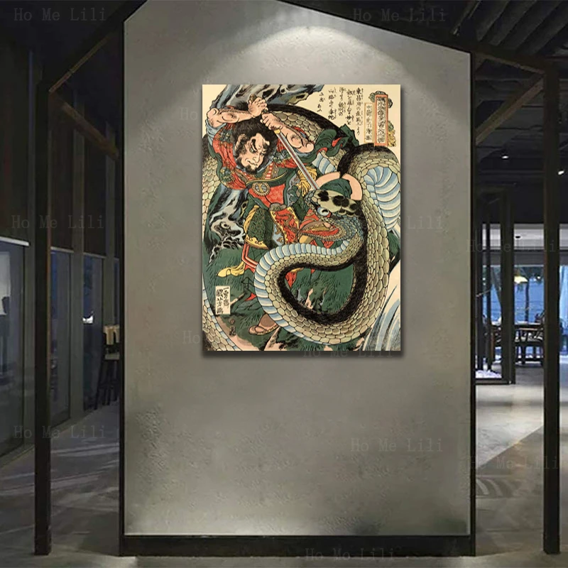 Kuniyoshi Fight Sword Snake Miyamoto Musashi Kills A Shark Fish Japan Female Samurai Tomoe Gozen Canvas Wall Art By Ho Me Lili