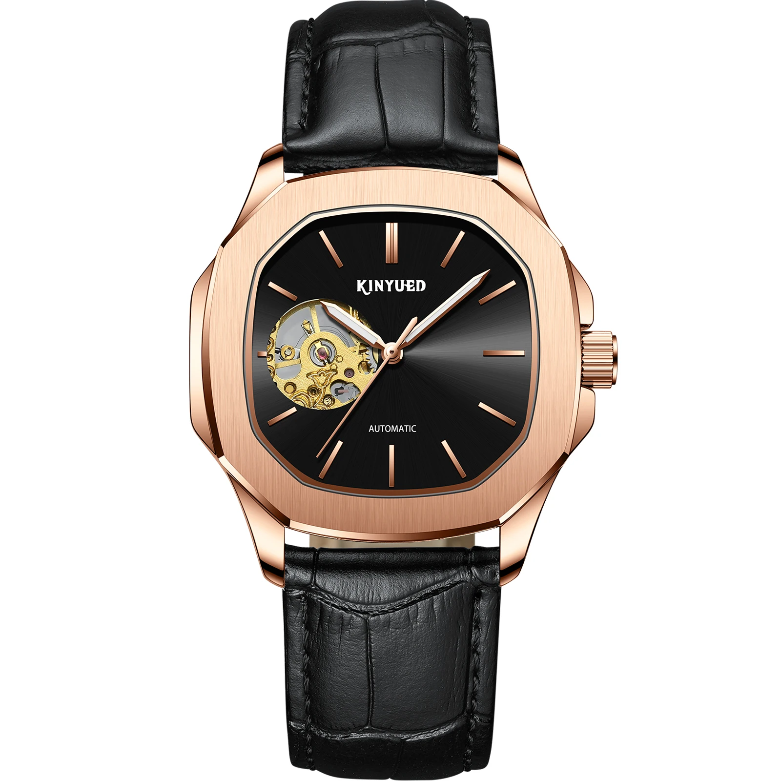 عالية الجودة Sunray الهيكل العظمي مضيئة الطلب جلدية باند ساحة الرجال التلقائي ساعة ميكانيكية