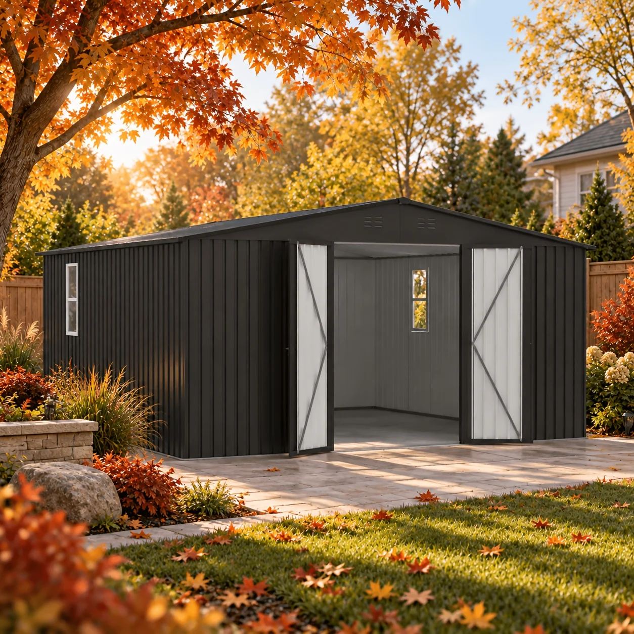 14x12 FT Metal Storage Shed, Large Galvanized Steel Outdoor Garden Tool Shed with 2 Windows, 83.5 in Wide Lockable Double Doors for Backyard, Patio & Lawn, Black