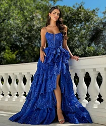 Spaghetti Straps Strapless Tiered Ruffles Prom Dresses With Split Lace Appliques Sheer Corset Evening Gown A-line Long Ball Gown