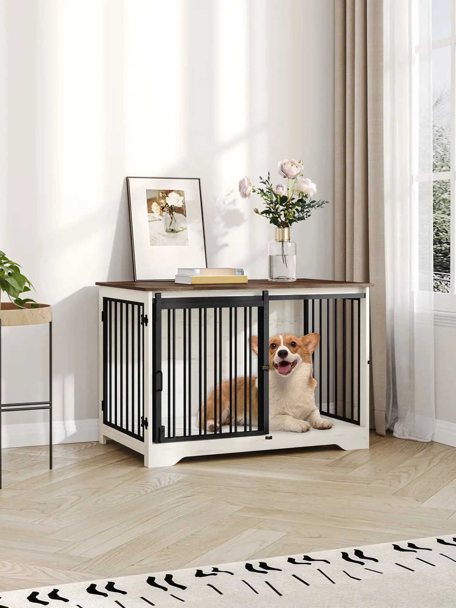 100 cm hondenbox voor thuis, schuifdeuren, 2 deuren, moderne hondenbox houten binnen voor kleine/grote honden, hondenkooi voor thuis, wit bruin - afbeelding 2