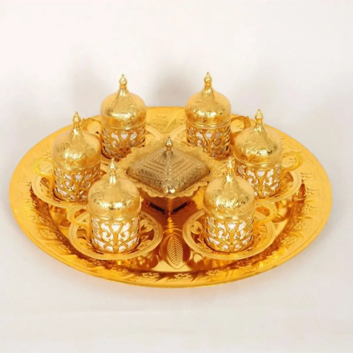 

Traditional Turkish Coffee Cup Set With Motif Gold Color Plated 6 Person Special Ottoman Style Coffee Cup Set and Sugar Bowl