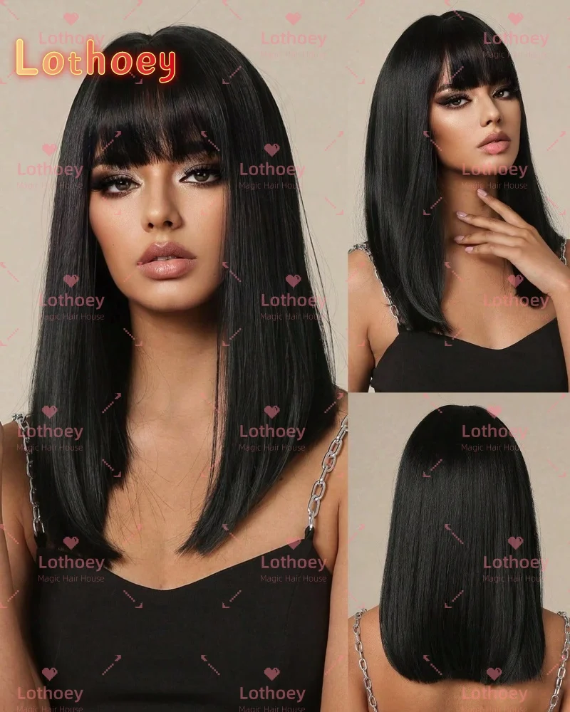 Черный парик с прямой челкой Натуральный блеск без клея Выделенный человеческий парик нескольких длин для чернокожих женщин Парик на шелковой основе Lothoey