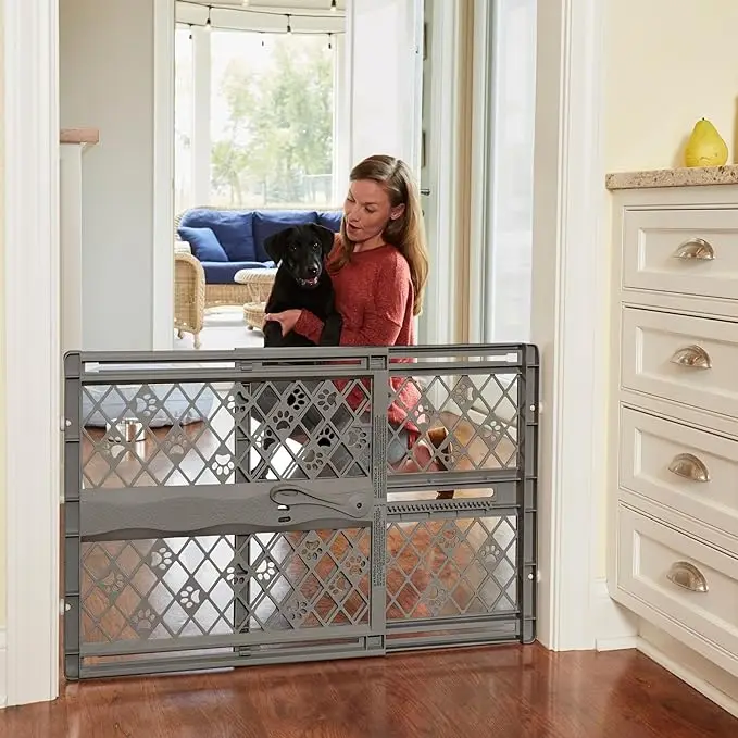Portón portátil para mascotas, 26-40 "de ancho, 23" de alto, montaje a presión, No se necesitan herramientas, extensible y duradero, gris Fieldstone