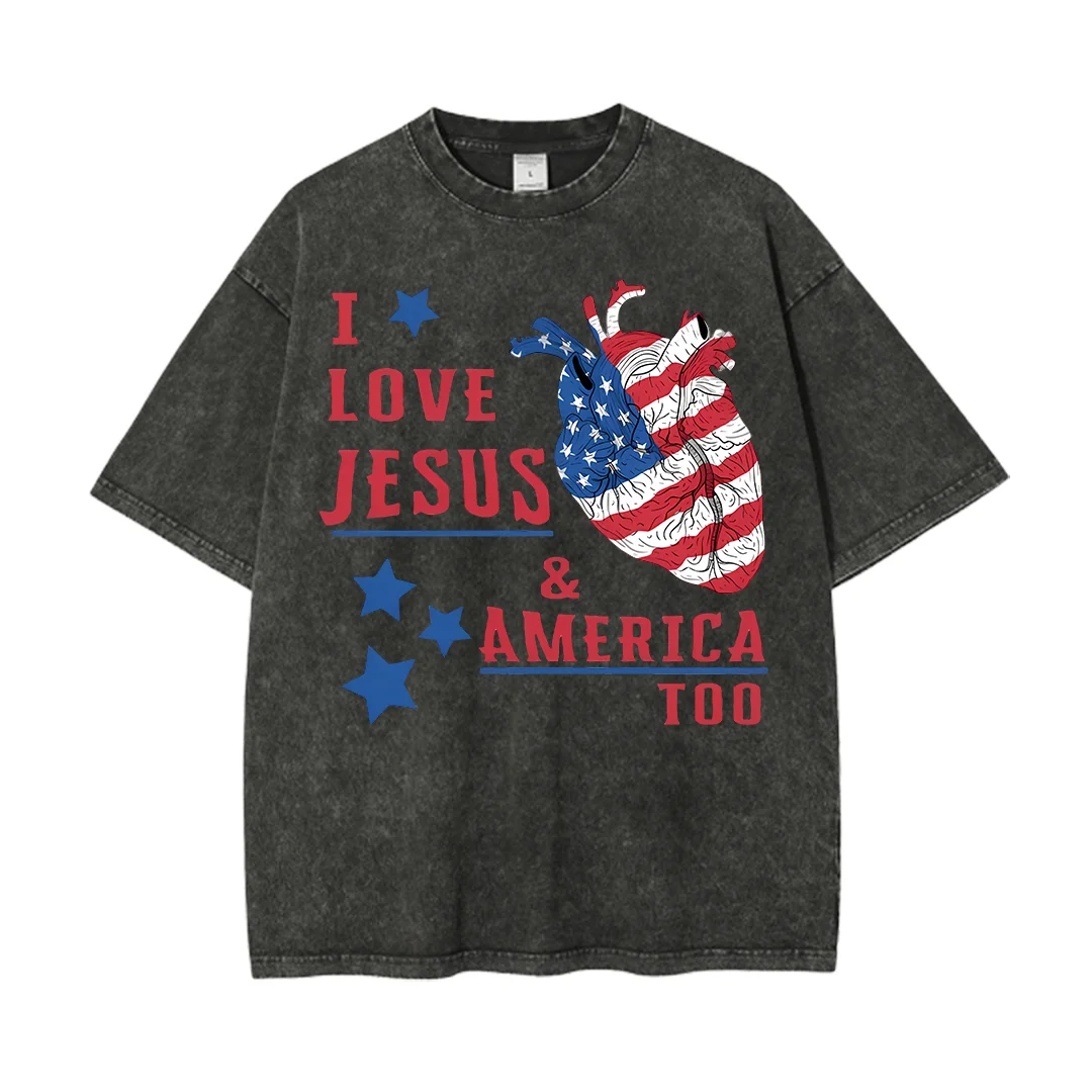 

Футболка «Я люблю Иисуса и Америку тоже христианская стираная футболка для мужчин и женщин с круглым вырезом и коротким рукавом, большие футболки, винтажные повседневные футболки