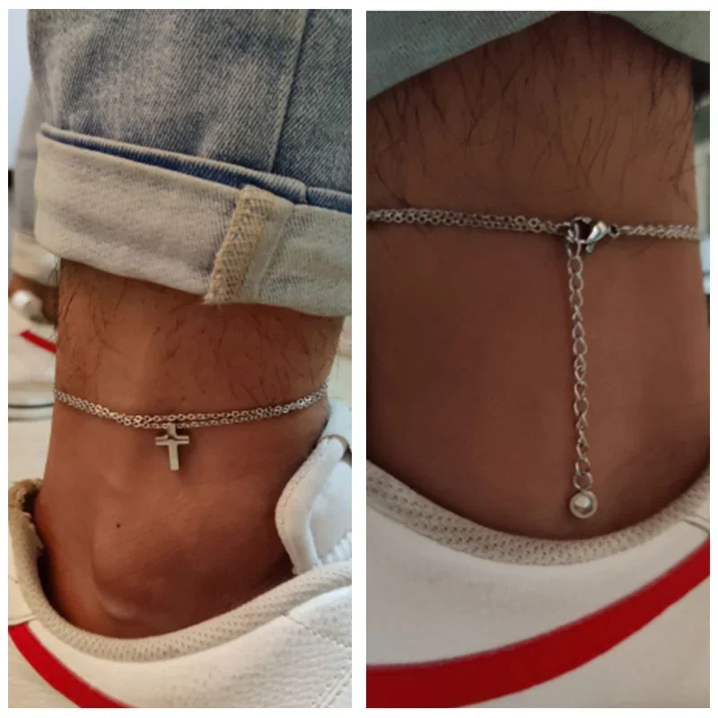 Edelstahl Herren Fußkettchen mit Kreuz Charm, Doppel kette, Geschenk für Freund, Herren Knöchel