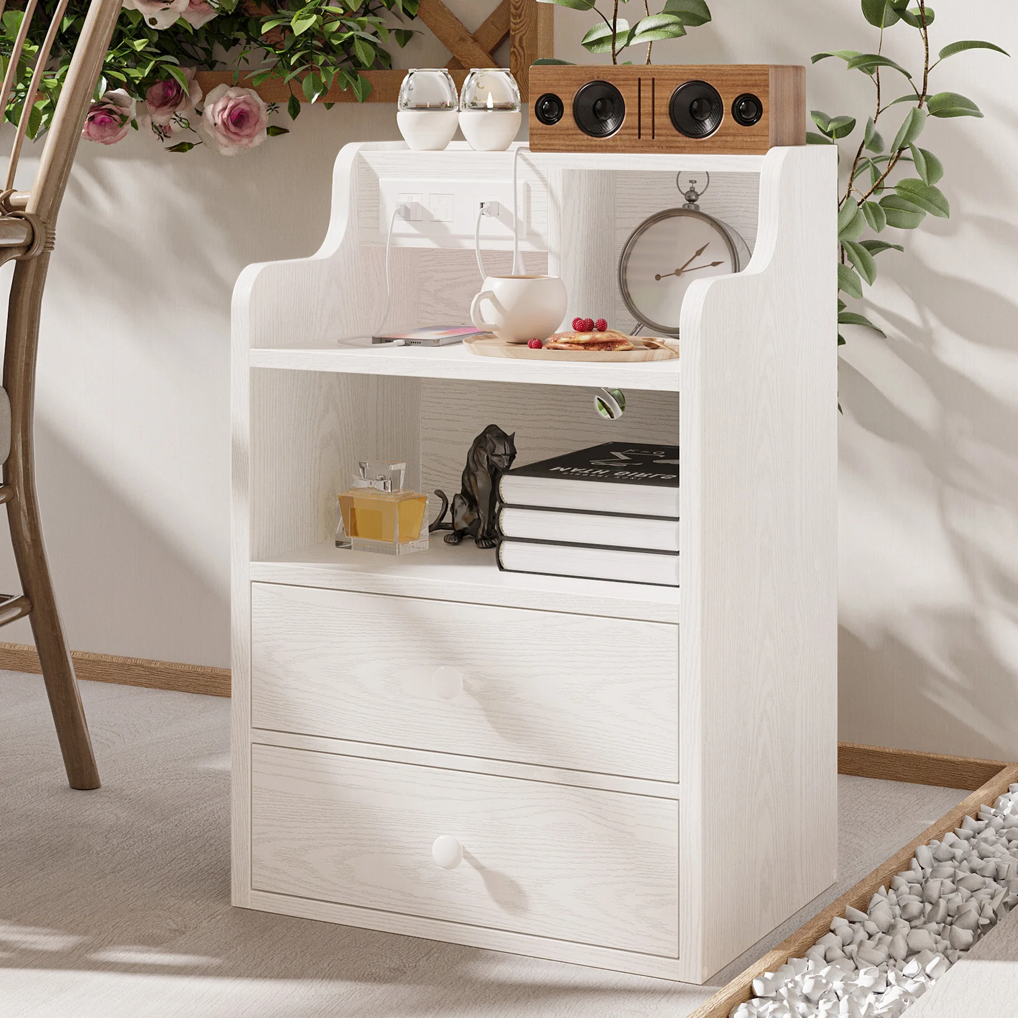 LIKIMIO White Nightstand with Charging Station 2 Drawers and Storage Shelves, Left and Right Interchangeable Sockets