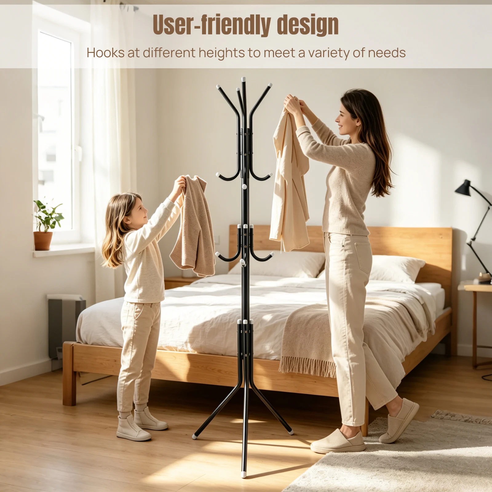 Porte-manteau autoportant – Tubes en acier avec revêtement en poudre noir – 12 crochets – Porte-manteau pour chambres, salons et couloirs – Étagère de