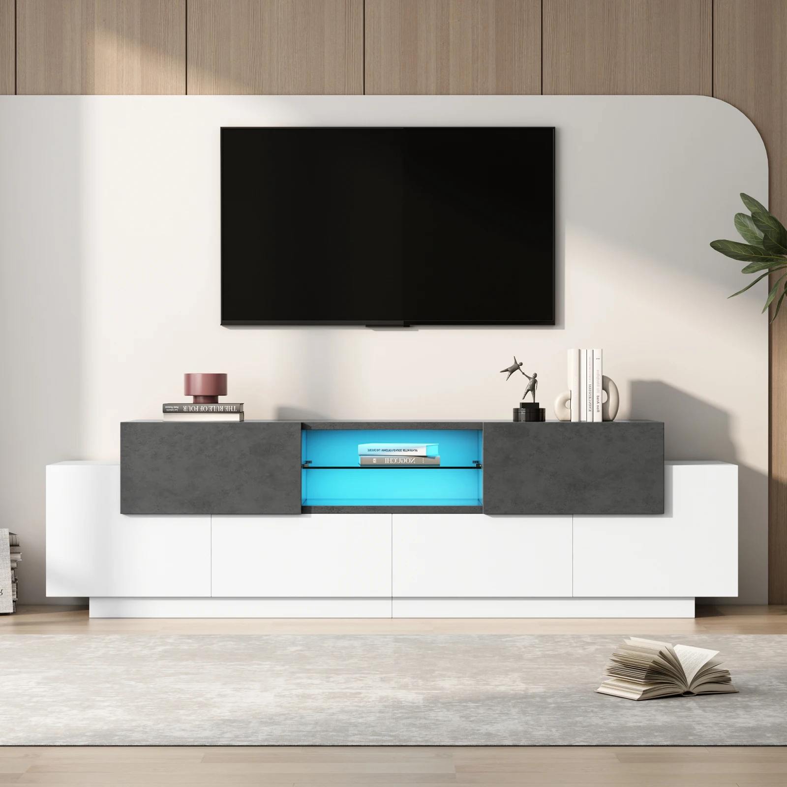 Comanlai Meuble Tv Led 180X40X45 Cm, Commode Tv, Lowboard, Avec éTagèRes En Verre, Pour TéLéViseurs 80/75/70/65/55 Pouces, Console Tv