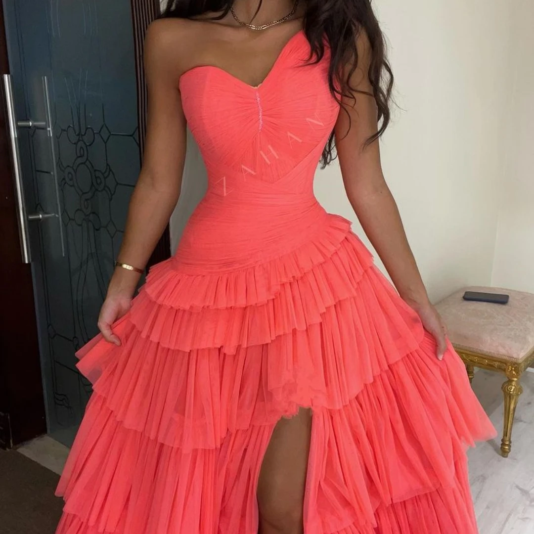 Fairytale V-Neck Prom Dresses Sleeveless High Fork Floor-Length Red Layered Wedding Party Zipper Up Tulle Stain 2023