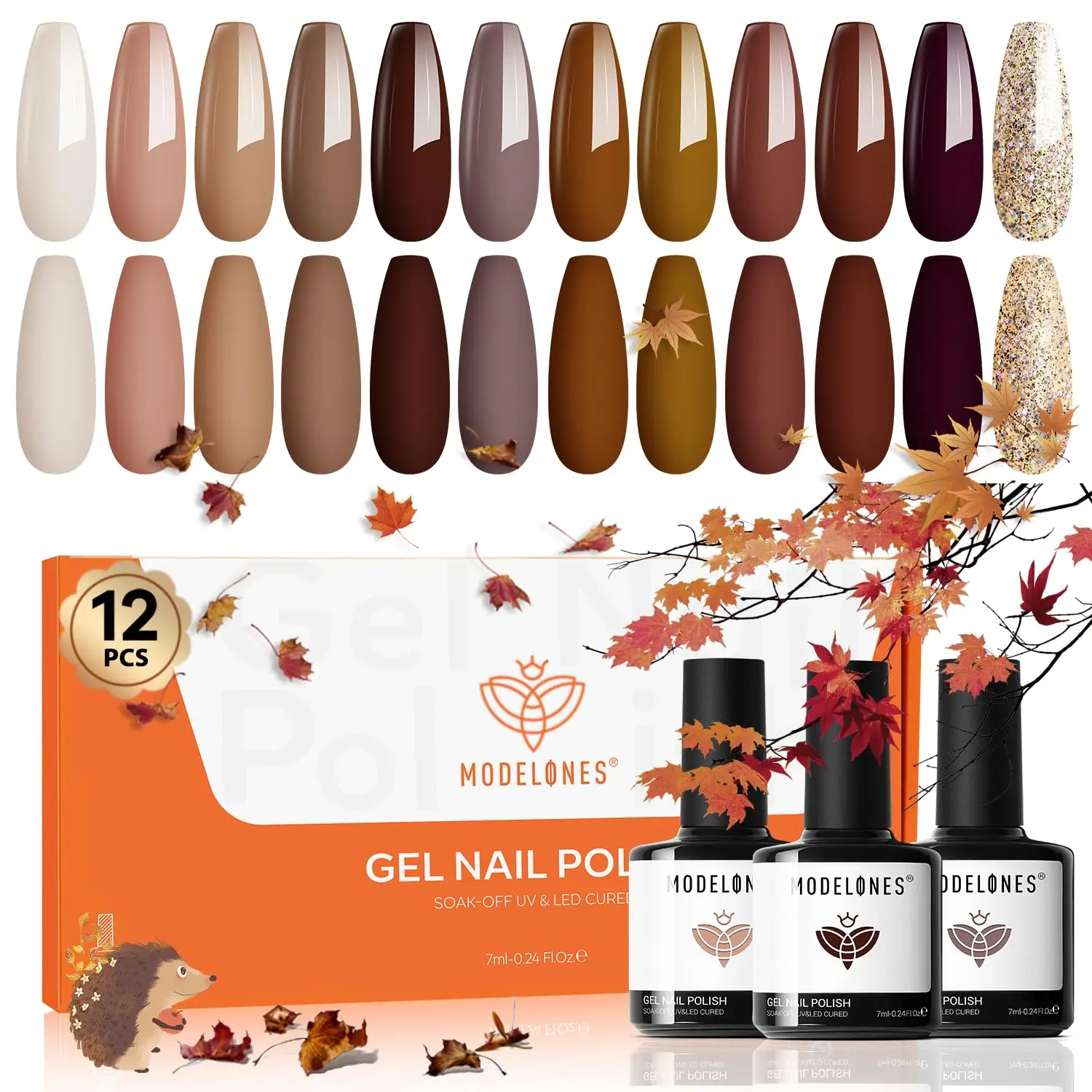 Modelones Gel-Nagellack-Set, 12-Farben, Herbst und Winter, neutral, Nude, Braun, Gold, Glitzer-Gellack, Tawny Cinnamon Burdundy, Kastanienbraun, C