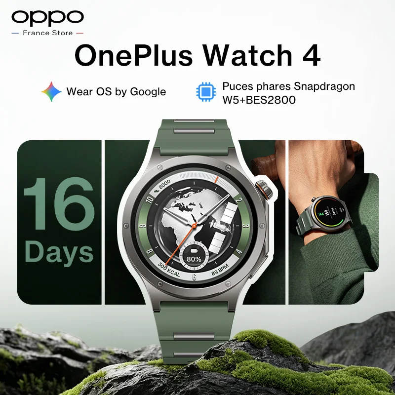 Version internationale de la montre connectée OnePlus Watch 4, écran de 1,5 pouces, Wear OS by Google, processeur Snapdragon W5, autonomie jusqu'à 16 jours, Google Wallet