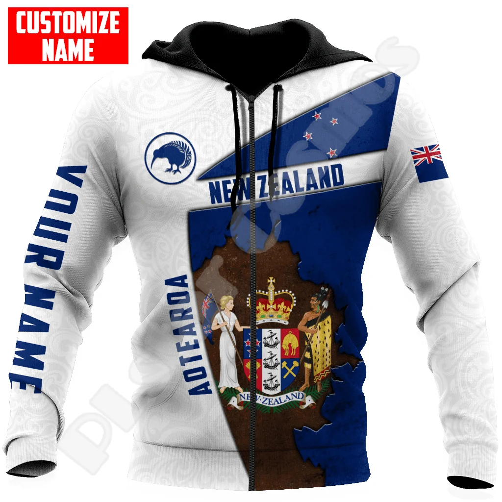 Custom Name Country Flag New Zealand Aotearoa Maori Tattoo Retro Long Sleeves 3DPrint Pullover Harajuku Casual Jacket Hoodies XP