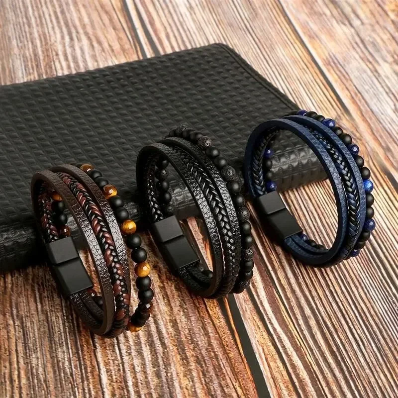 Homens Pulseira De Couro Clássico Moda Olho De Tigre Frisado Pulseira De Couro Multi Camada Para