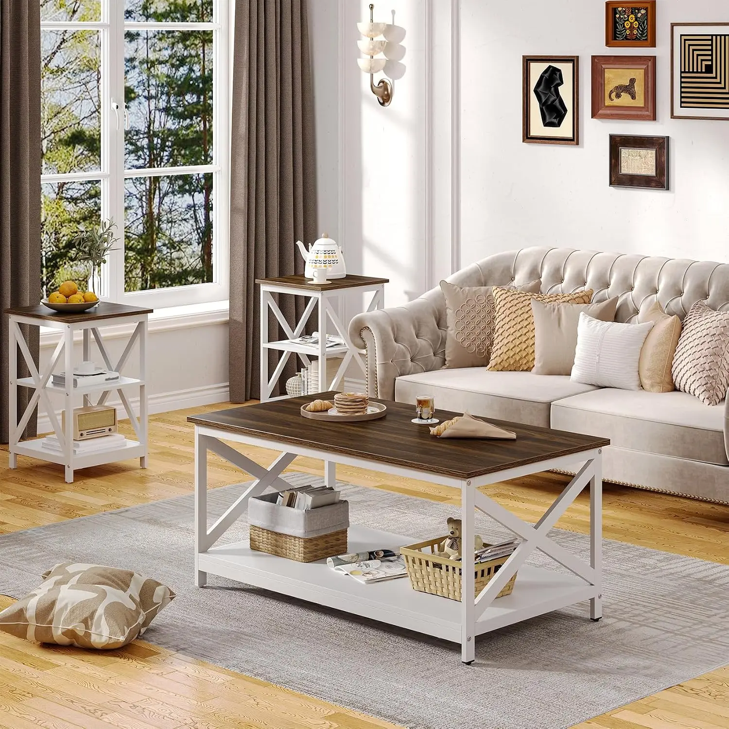 Living Room Coffee Table Set of 3, Industrial X-Design Coffee Table and 2 End Side Tables, 3 Piece Living Room Table Set With Large Storage for Apartment Home (White+Walnut Brown)