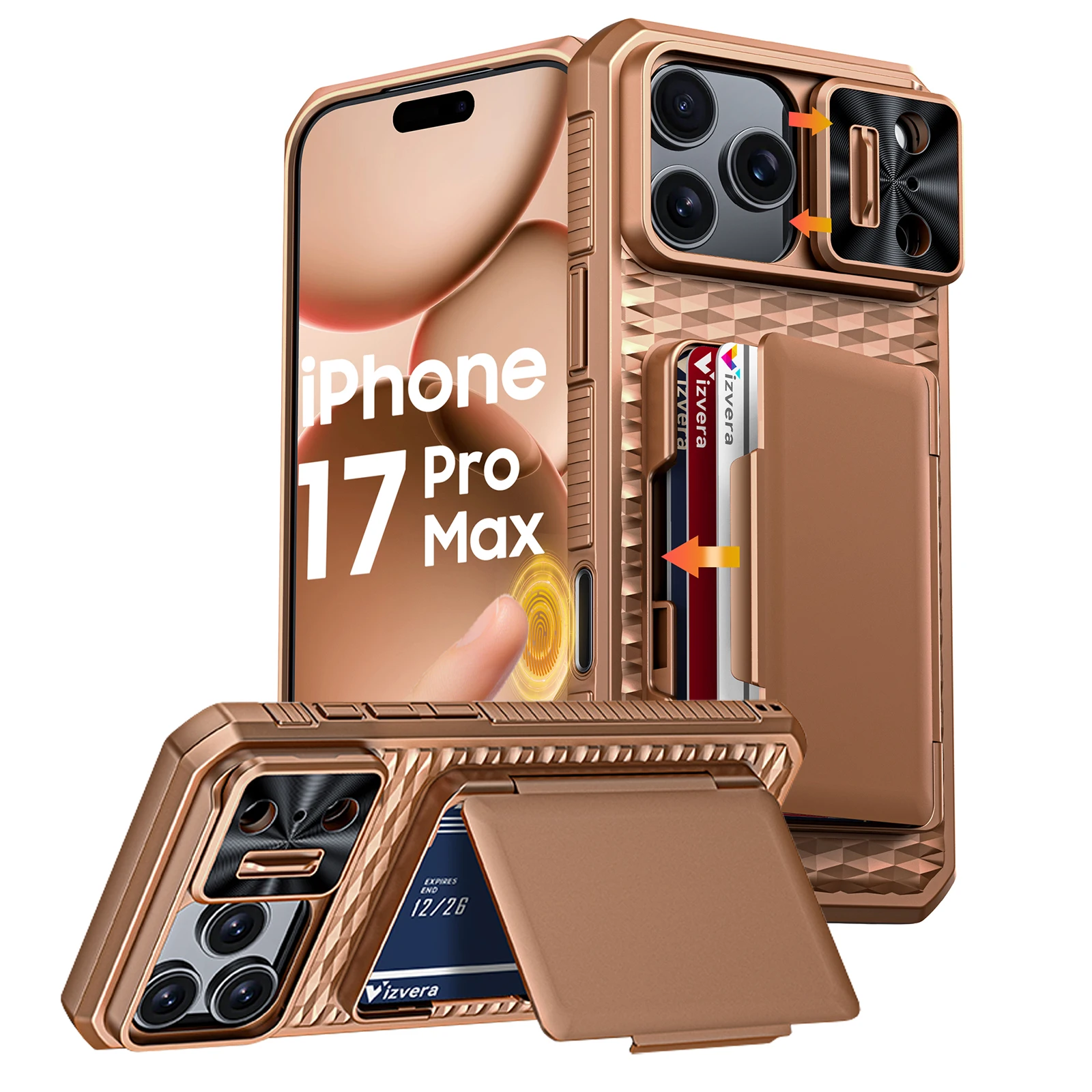 Telefoonhoesje met kaarthouder, schuifbare camera-afdekking en standaard voor iPhone 17 Pro/17 Pro Max, geschikt voor mannen en vrouwen - Goud