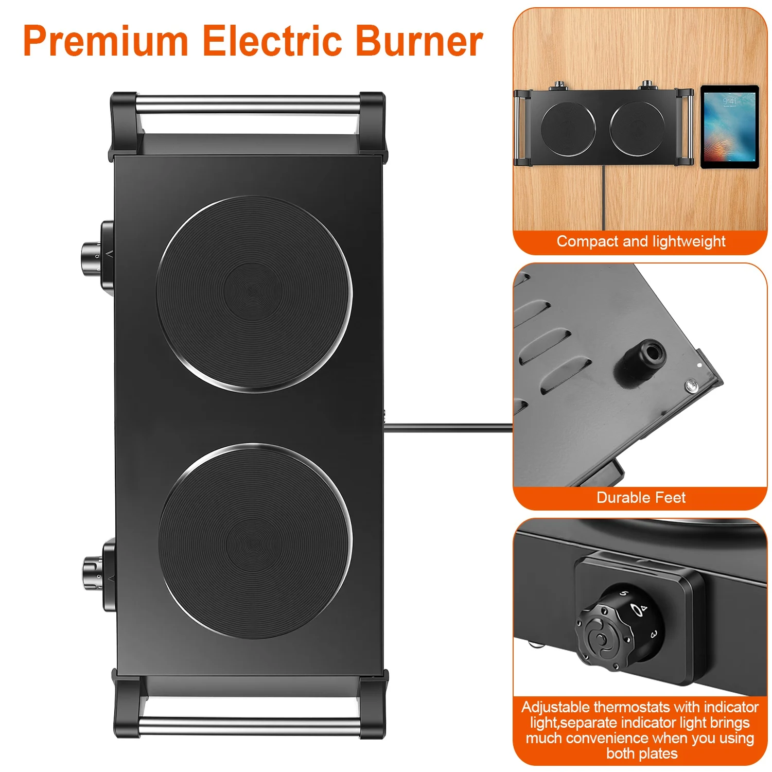 

2000W Dual Burner Electric Hot Plate, 5 Temperature Settings (392℉-932℉), Portable Countertop Stove for All Flat Cookware, Fas