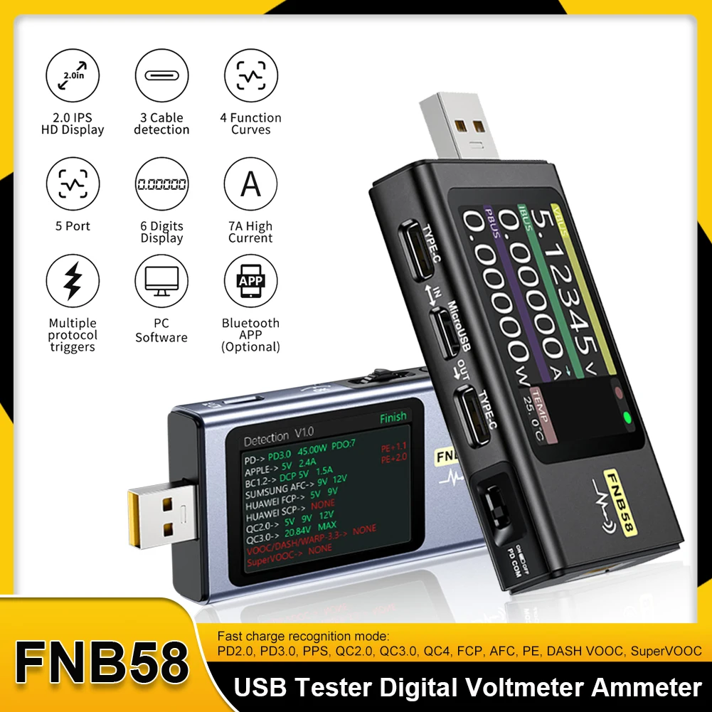 FNIRSI FNB58 USB Tester Voltmeter Ammeter Type-C Fast Charging QC/PD Detection Trigger Capacity Measurement Tools Ripple Measurement