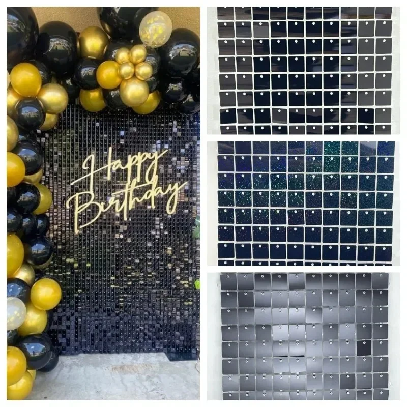 12/16/18/24PCS Shimmer Muur Achtergronden ZWART Vierkant Pailletten Wandpaneel Achtergronden Party achtergronden voor Bruiloft Verjaardag Decor - afbeelding 2