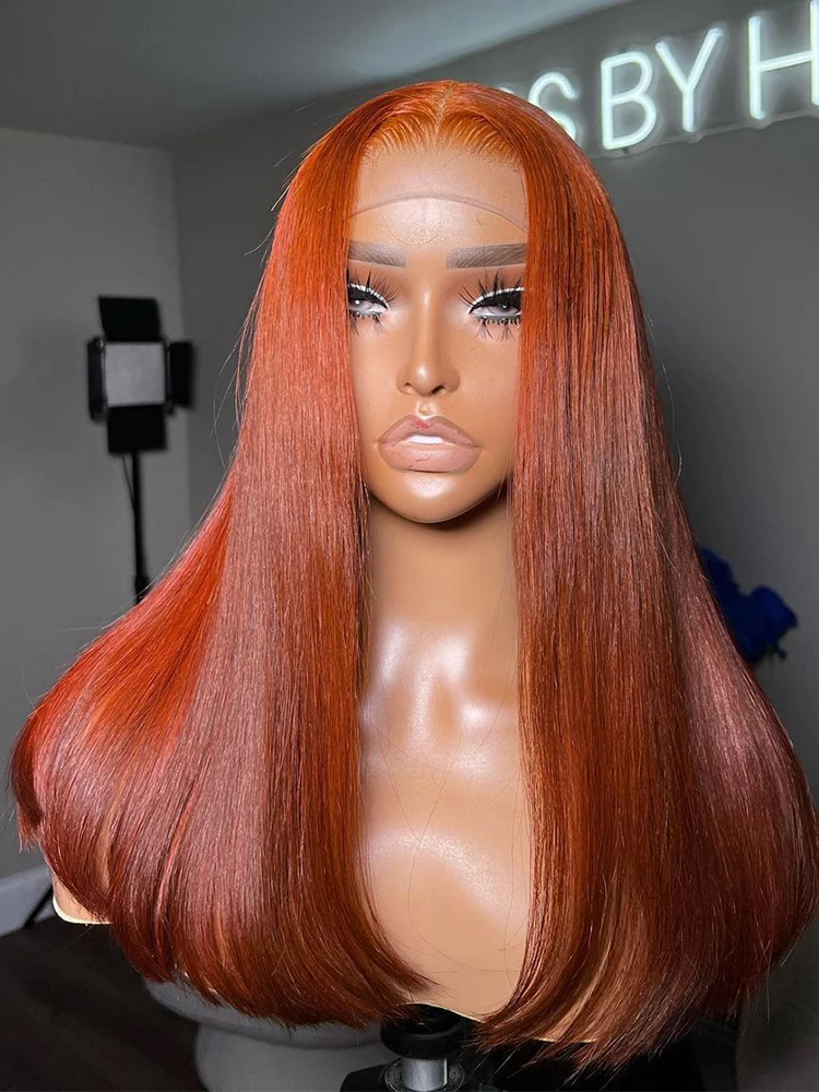 Transparente 13x4 13x6 Spitze Frontal Perücke Ingwer Orange Gerade Echthaar Perücken für Frauen Vorgezupft 5x5 Spitze Verschluss Perücke