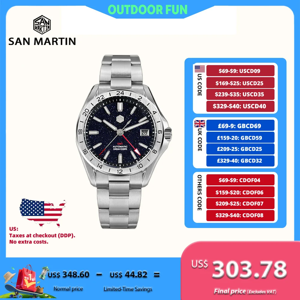 

San Martin 39 мм натуральный драгоценный камень циферблат мужские часы механические NH34 автоматические наручные часы GMT роскошный сапфир BGW-X1 Swim SN0129B