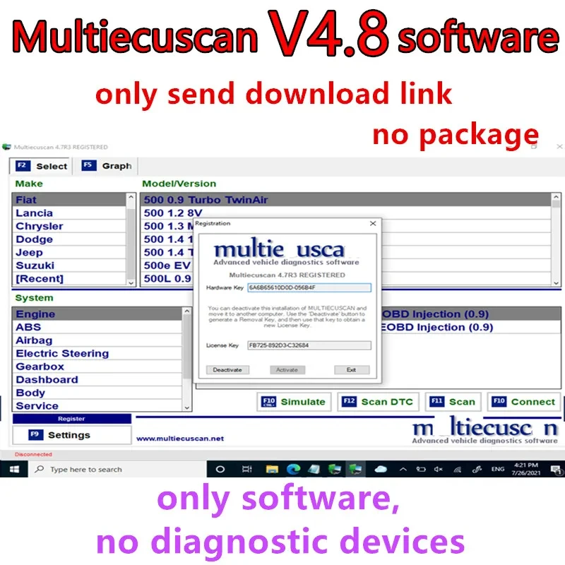 ماسح ضوئي Multiecuscan V4.8 obd2 لنماذج إكسسوارات السيارات الأوروبية والأمريكية + ELM327 + محول مسطح مسجل Keygen غير محدود