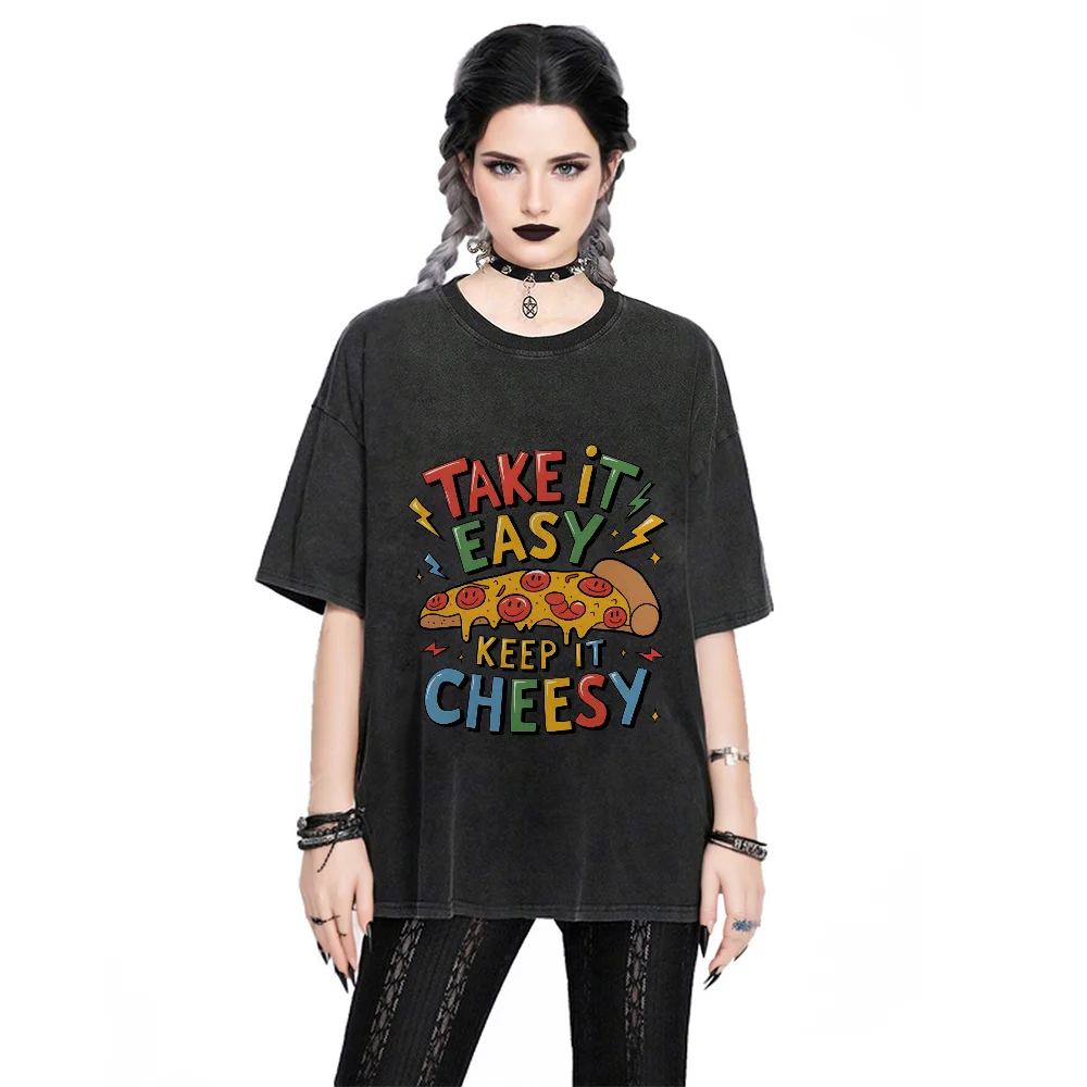 

Pizza Cheese Explosion Letters Female Tshirt Cotton Streetwear Oversized Graphic Inspired Casual Short Sleeve Summer Daily Top