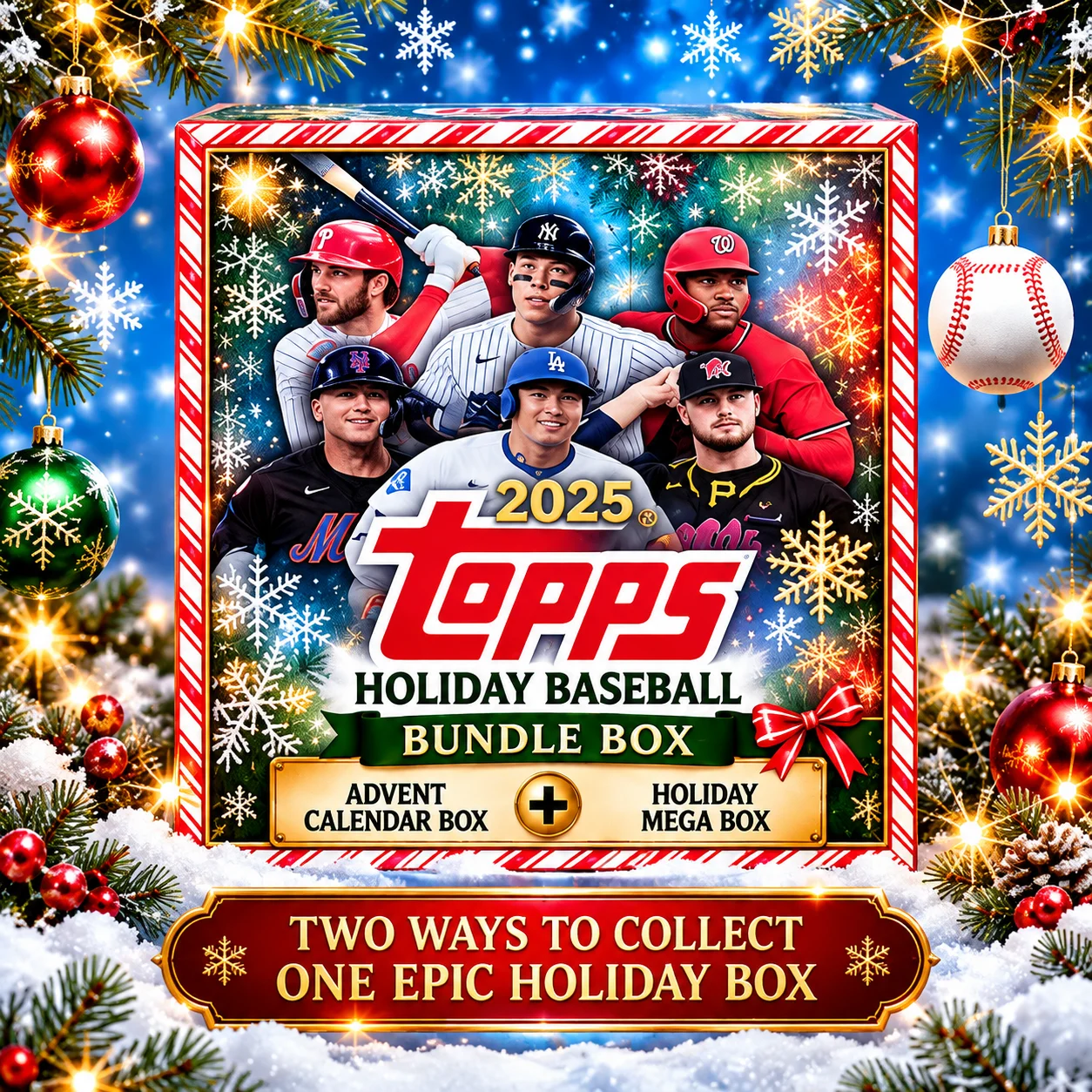 2025 Topps Holiday Baseball Advent Calendar Box With 2025 Topps Holiday Baseball Mega Box, 34 Packs MLB Baseball Trading Cards Bundle, 20 Advent Packs, Look for 1 Autograph, Memorabilia or Chrome Variation, 5 Glitter Parallels And 3 Holiday SPs on Average
