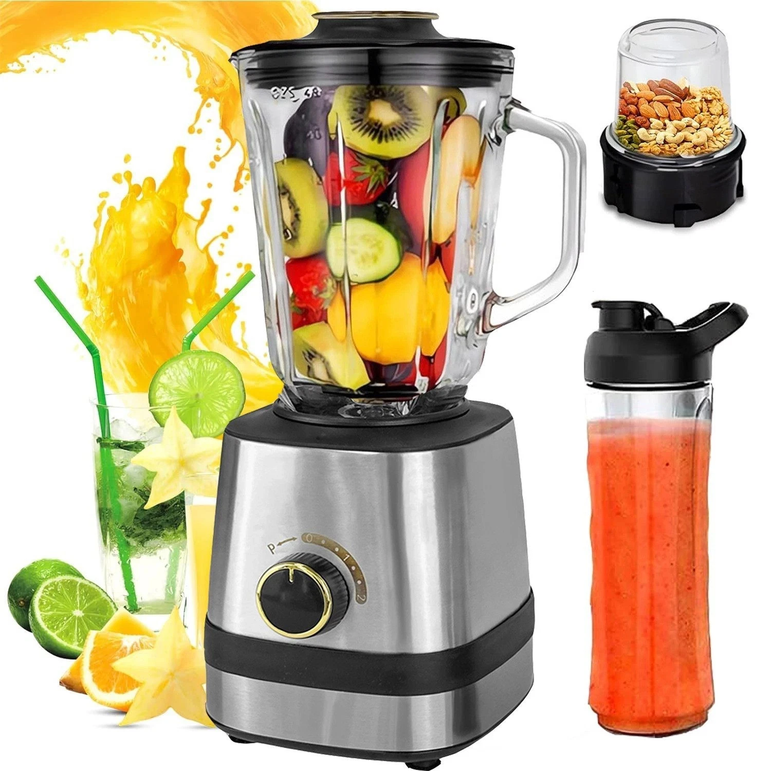 Frullatore 3 in 1, Mixer e Smoothie Maker 800W con 6 Lame in Acciaio Inox, Caraffa da 1,5L, Frullatore per Alimenti per Bambini e Spremiagrumi