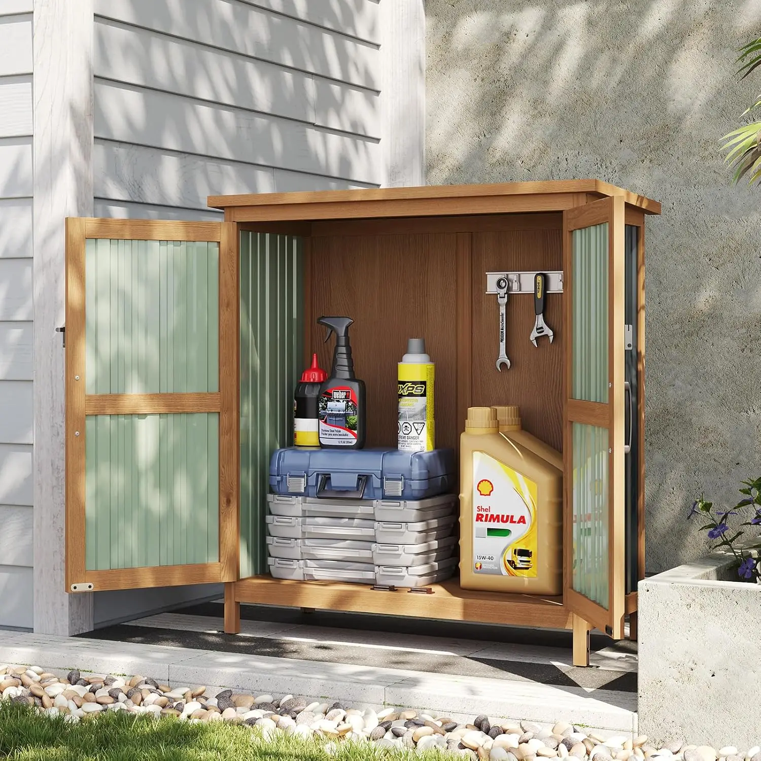 Aoxun Outdoor Storage Cabinet Shed Wooden Metal Vertical Cabinets Weatherproof Roof Removable Shelves Lockable Door Waterproof Tool Shelter For Backyard Garden Lawn Indoor Use