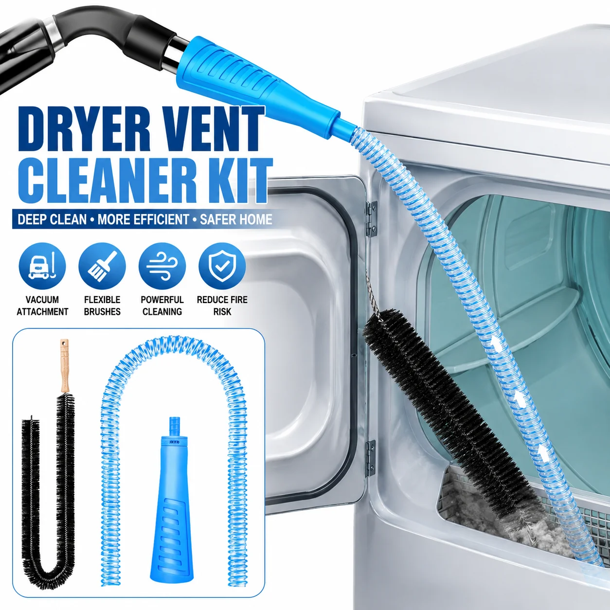 Dryer Vent Cleaner Kit With Vacuum Hose Attachment, Flexible Lint Remover Brush Set For Dryer Vents, Vacuum Hoses & Tight Spaces, Deep Cleaning Tool To Remove Lint, Dust & Debris For Improved Dryer Efficiency