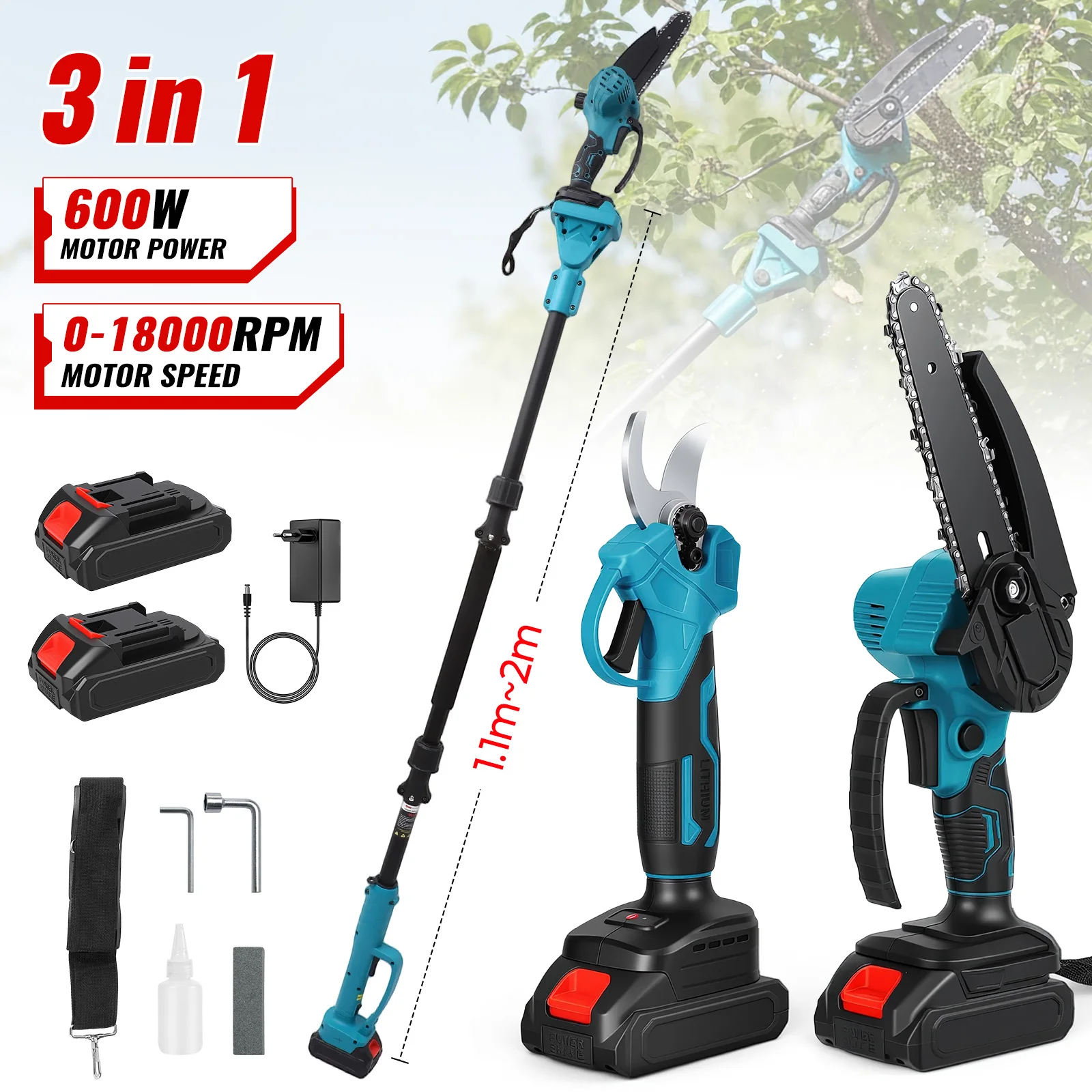 600W Elektrische Kettensäge mit Teleskopstange 3-in-1 Astschere Hochastsäge Garten-Baumschneidewerkzeug für Makita-Akkus