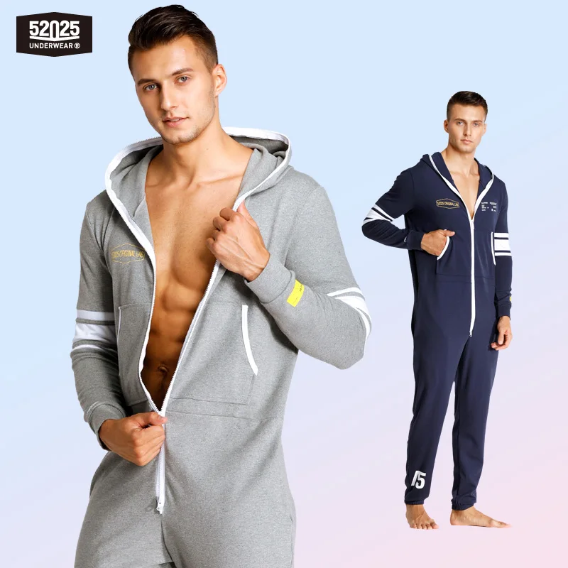 52025 Men’s Hooded Jumpsuit – One-Piece Cotton Pajamas, Comfortable Hooded Lounge Onesie for Men. Relax in Style and Comfort