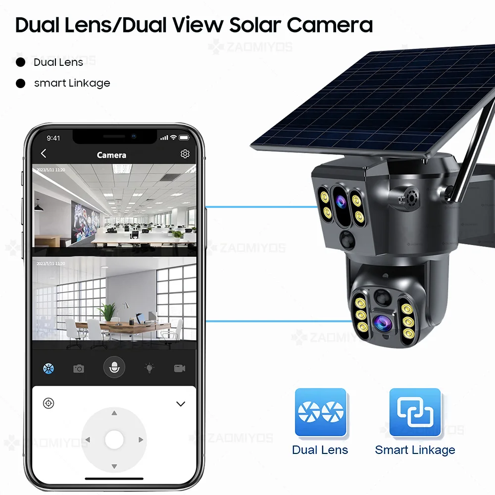 ZAOMIYOS 4K PTZ 태양광 카메라, 야외 4G SIM/WIFI 듀얼 렌즈 휴머노이드 추적 감시, 컬러 야간 투시경 보안 IP 캠