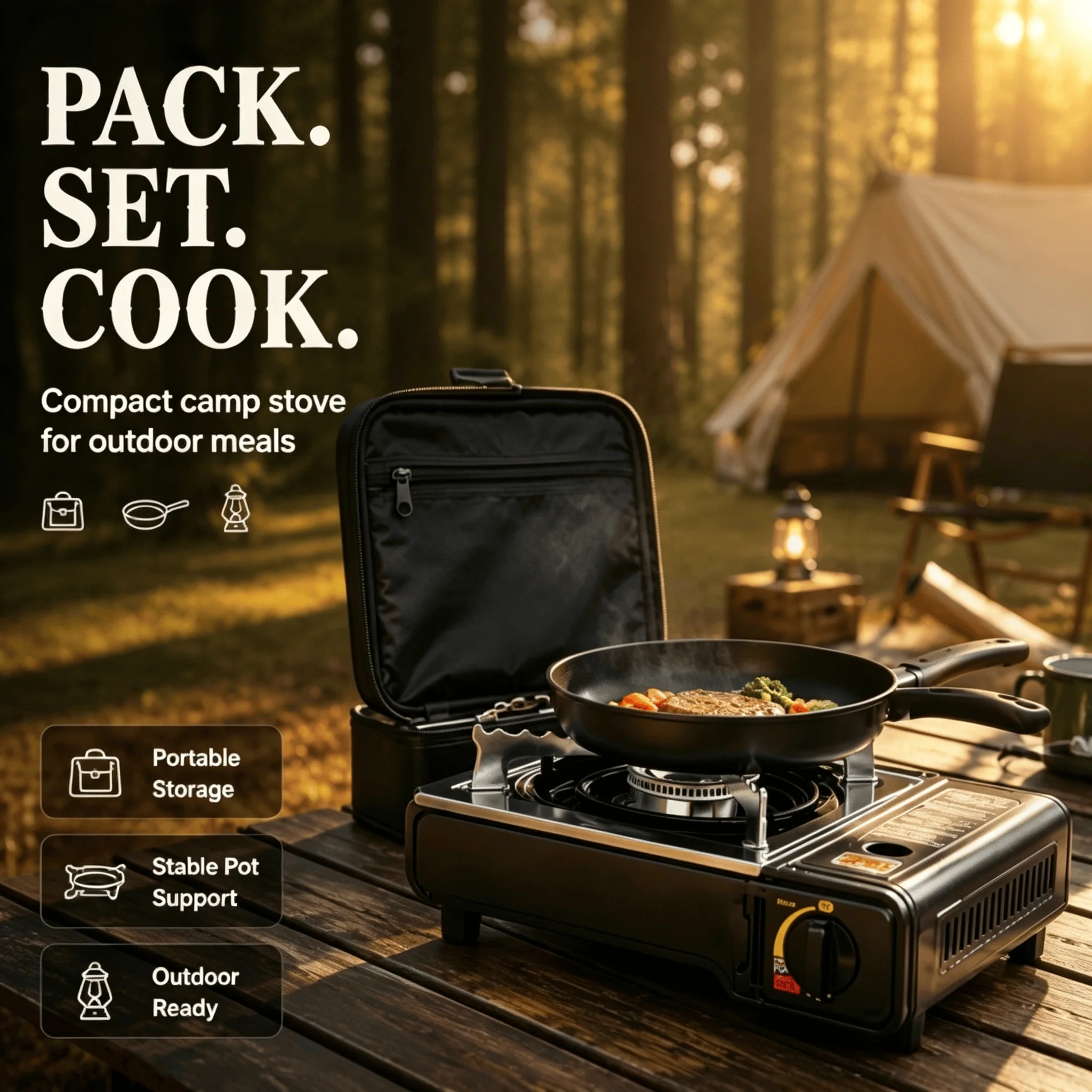 Tragbarer Campingkocher 2,4kW, Einzelbrenner Butan-Gaskocher mit Sicherheitsabschaltung, Einstellbarer Flamme und Tragegriff für Outdoor-Kochen, Picknick, Wandern & Reisen
