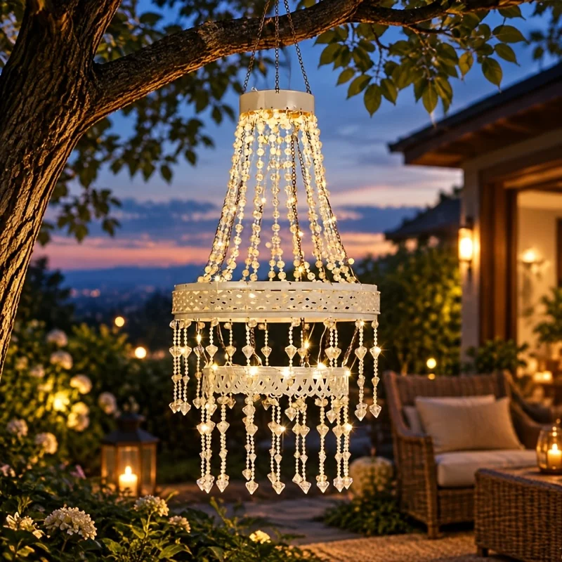 Solar Powered LED Hanging Lanterns Outdoor Elegant Acrylic Crystal Chandelier Garden Passage Decor Simulated Crystal Lighting