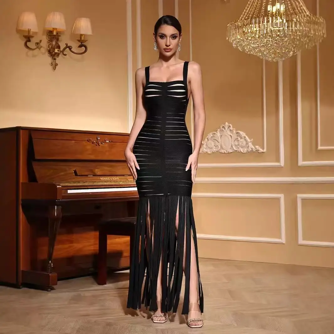 2026 Women's Summer New Black Sexy Spaghetti Strap Square Neck Striped Fringe Bandage Dress Fashion Party Dress
