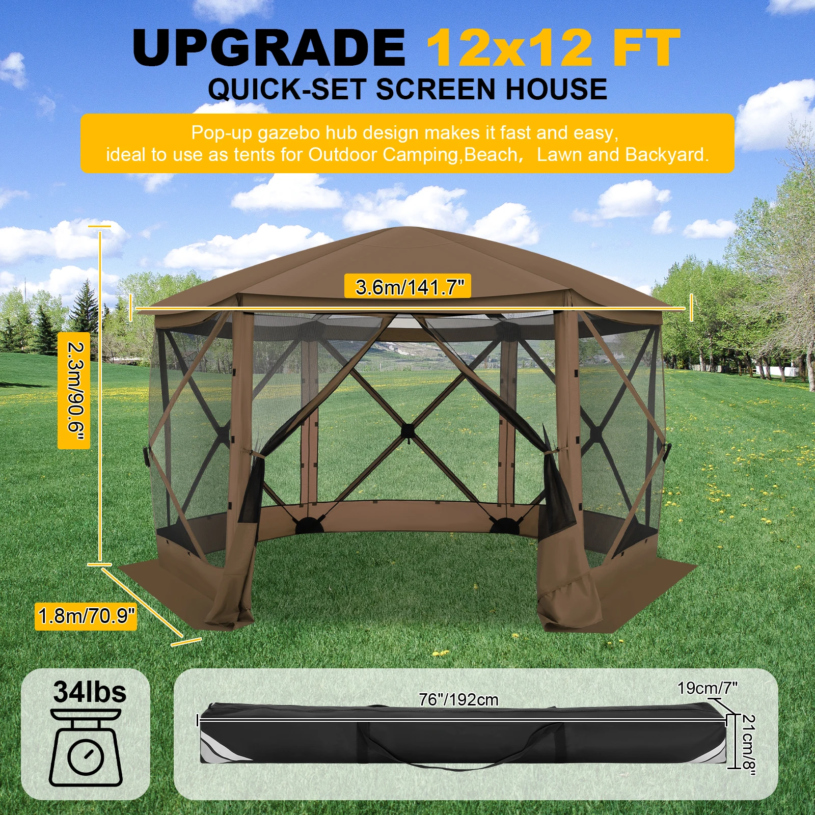 خيمة منزلية بشاشة منبثقة 12 × 12 قدم للتخييم، مظلة شرفة مراقبة النجوم الفورية في الهواء الطلق مع مظلة، شبكة البعوض