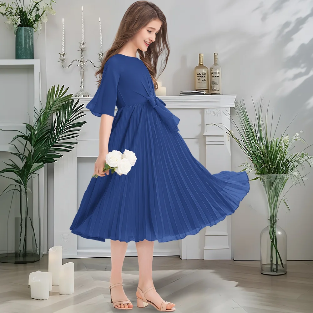 Румяное платье подружки невесты с круглым вырезом, платье с цветочным узором для девочек, шифоновое платье длиной до колена с элегантным детским платьем для свадебной вечеринки